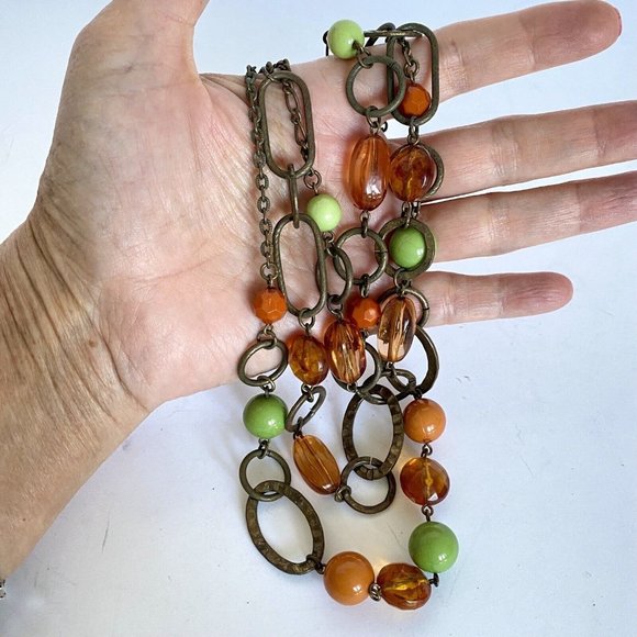 Bohemian Triple-Strand Necklace Green Orange Bronze Adjustable Length 18”-21” - Picture 4 of 6